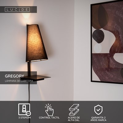 Lucide GREGORY - Lámpara de cabecera / Lámpara de pared - 1xE27 - Con punto de carga USB - Negro